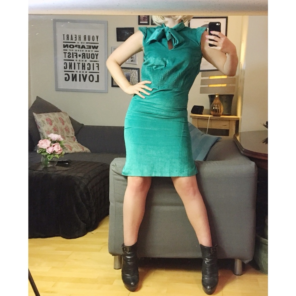 Rare Y2K Vintage Fendi Jeans Teal Midi cocktail Dress with Bow Accent